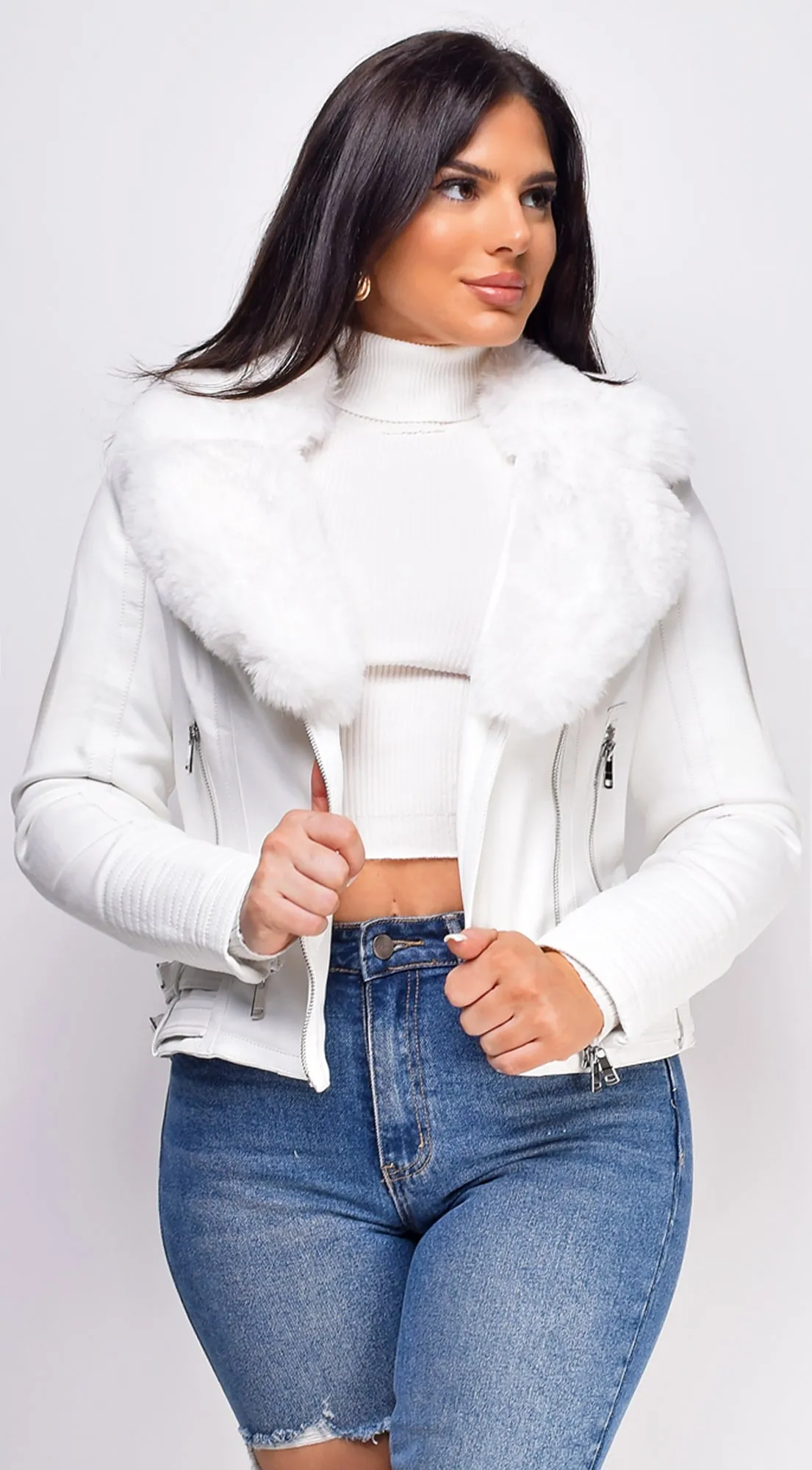 Alivia White Faux Fur Collar Suede Moto Jacket