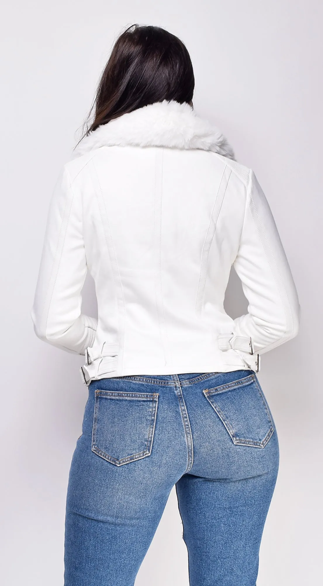 Alivia White Faux Fur Collar Suede Moto Jacket