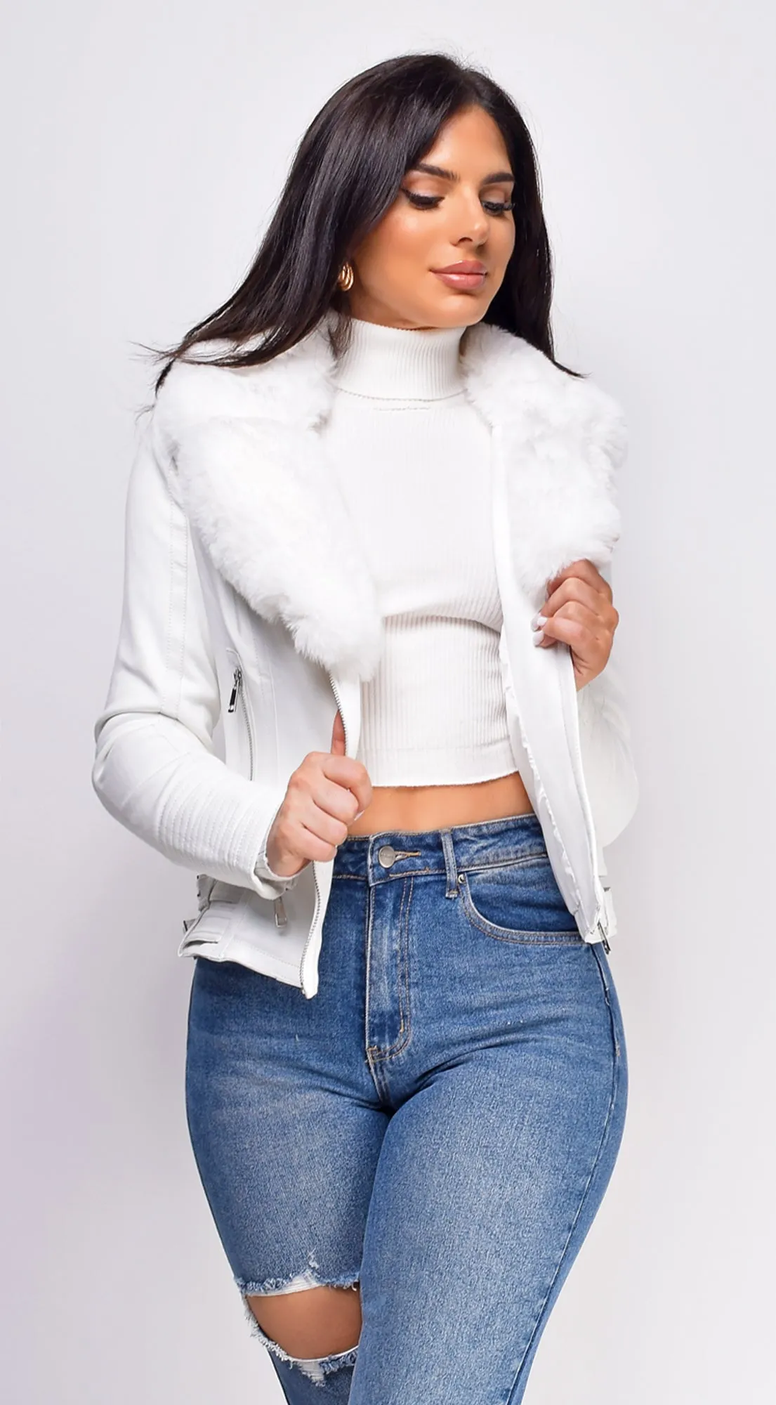 Alivia White Faux Fur Collar Suede Moto Jacket