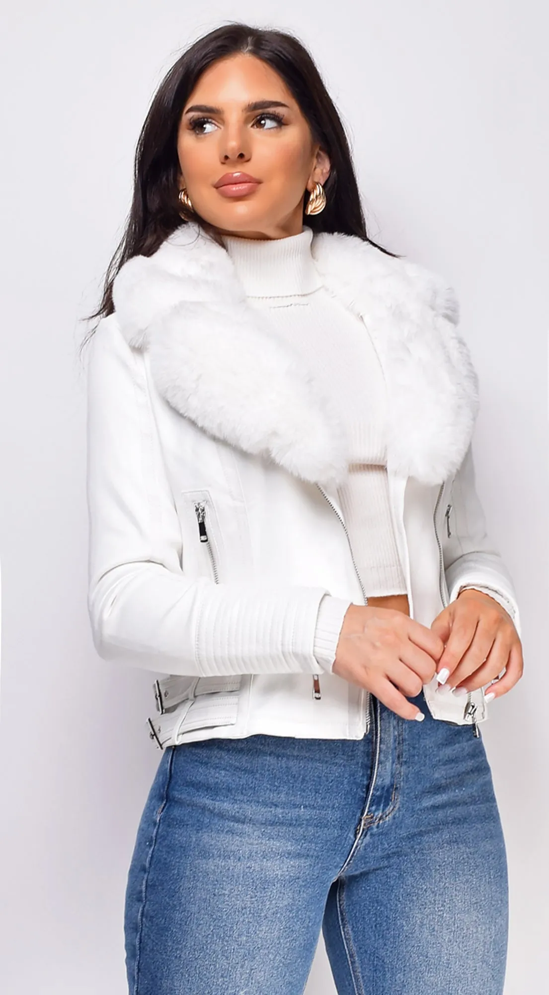 Alivia White Faux Fur Collar Suede Moto Jacket