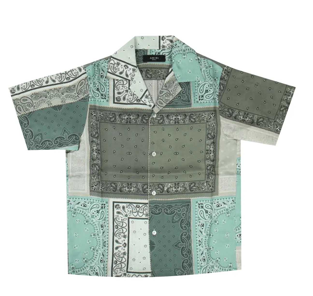 Amiri Short Sleeve Bandana Print Silk Button Up Shirt Green