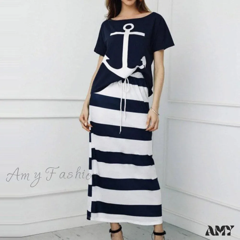 Amy Fashion - Off Shoulder Blouses T-shirt Striped Maxi Dress