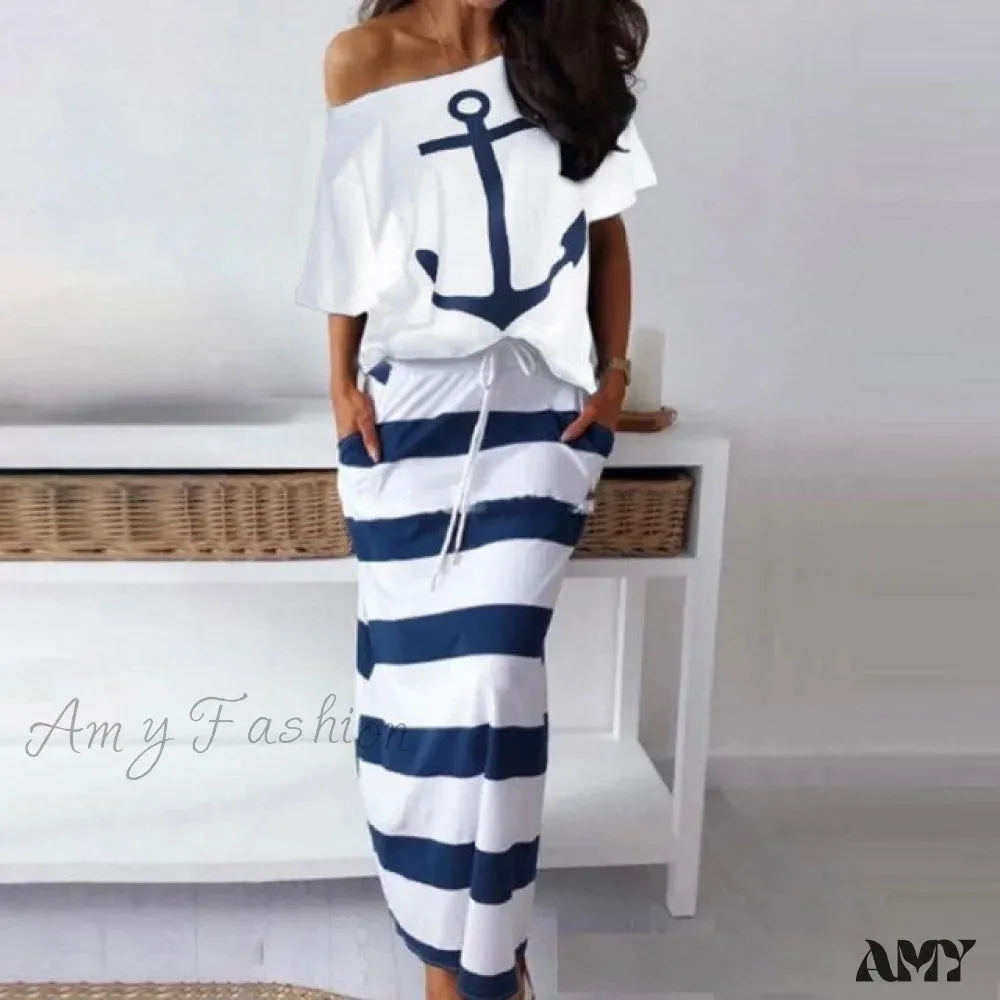 Amy Fashion - Off Shoulder Blouses T-shirt Striped Maxi Dress