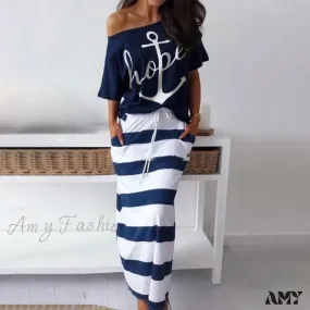 Amy Fashion - Off Shoulder Blouses T-shirt Striped Maxi Dress