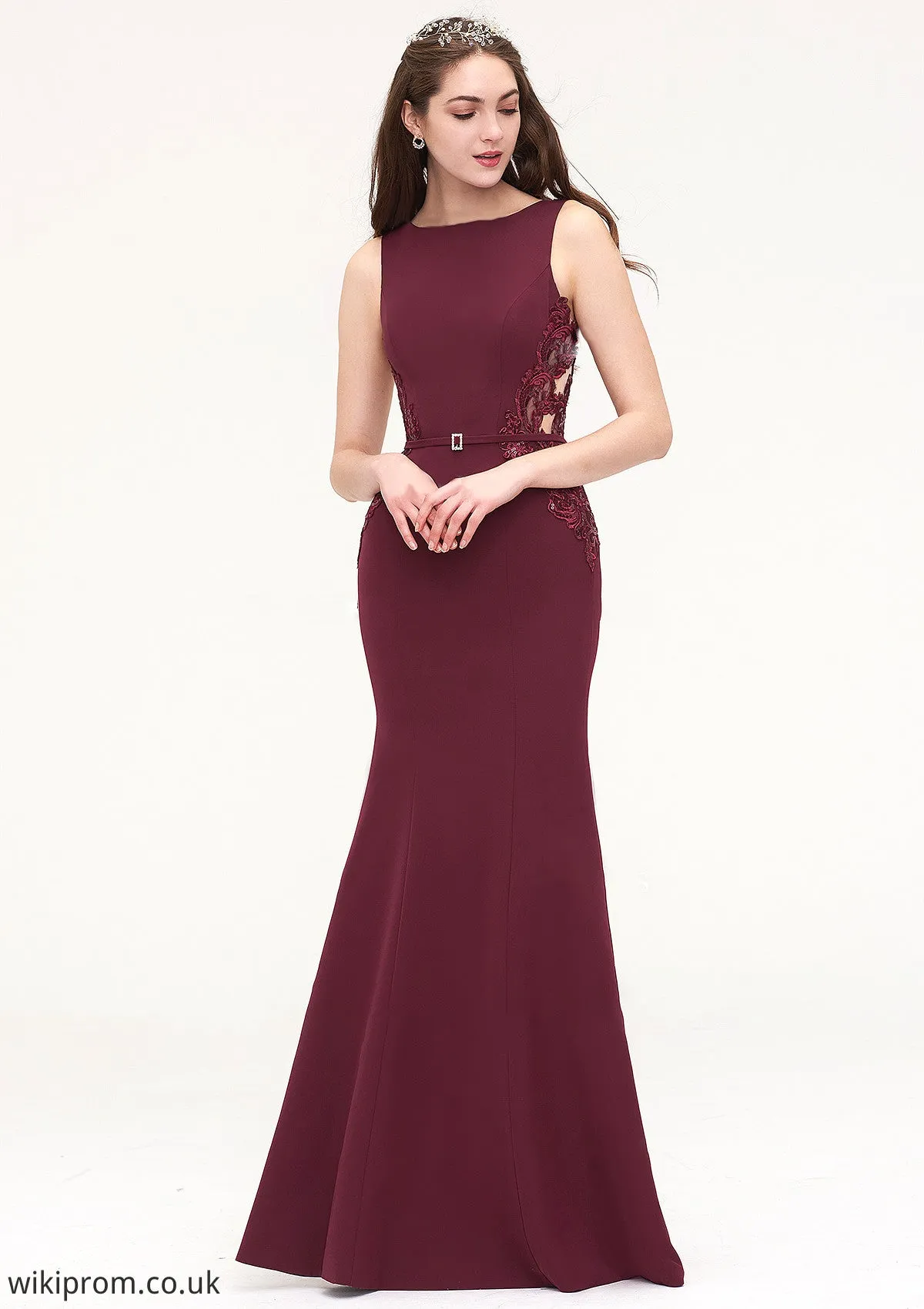 Bateau Sleeveless Sheath/Column Long/Floor-Length Elastic Satin Bridesmaid Dresses With Waistband Lace Sequins Kelsey SWKP0025443