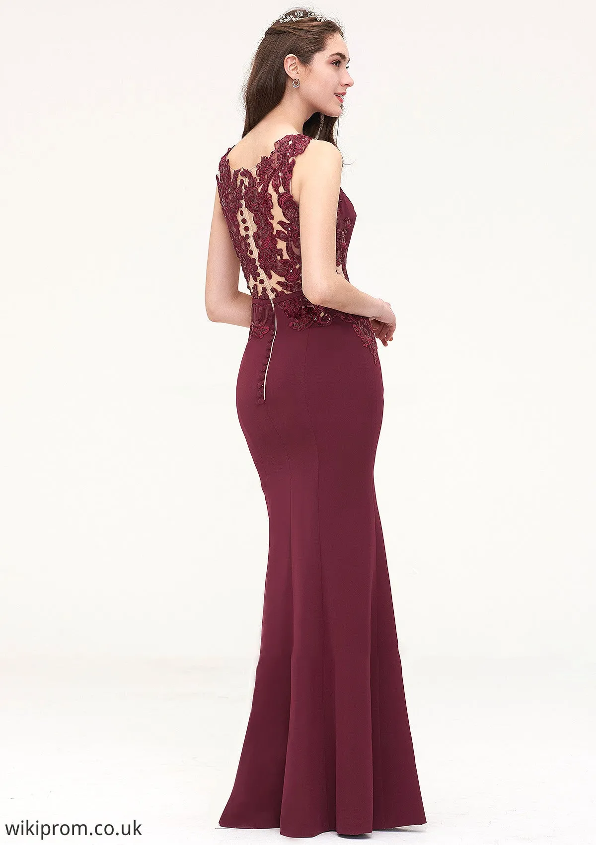 Bateau Sleeveless Sheath/Column Long/Floor-Length Elastic Satin Bridesmaid Dresses With Waistband Lace Sequins Kelsey SWKP0025443