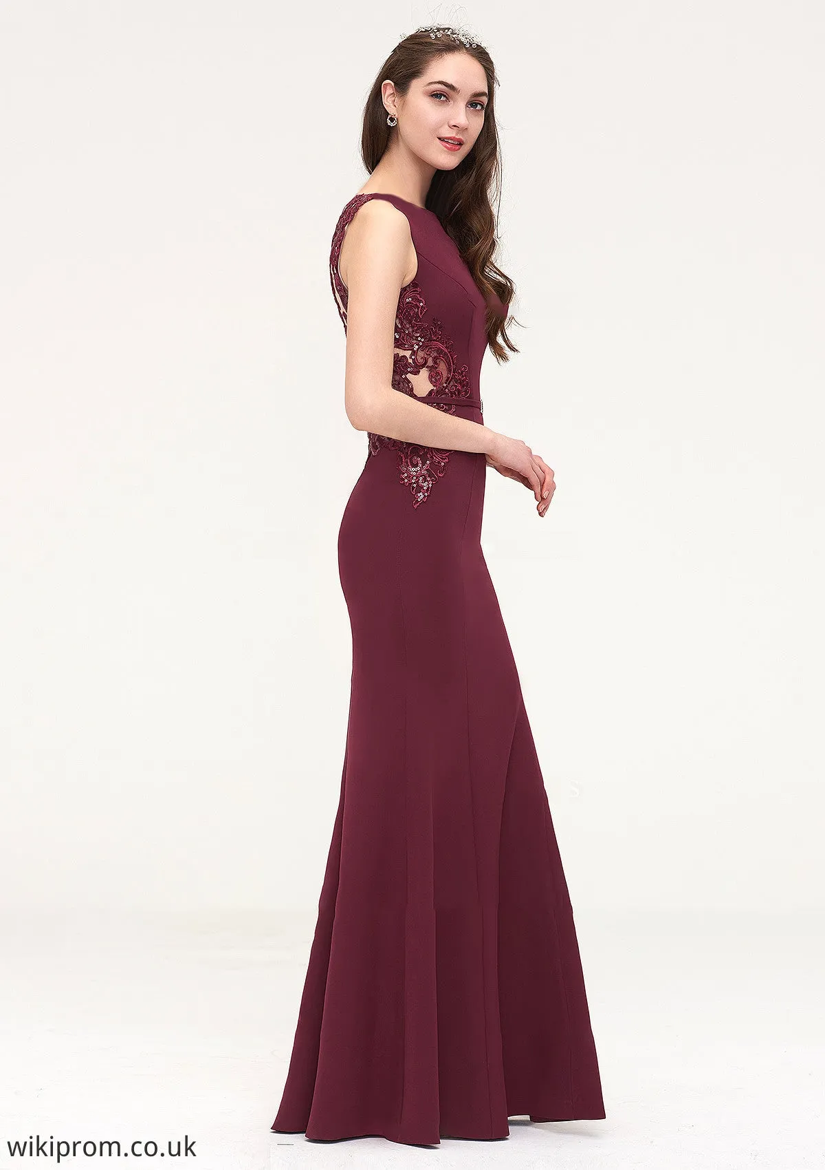 Bateau Sleeveless Sheath/Column Long/Floor-Length Elastic Satin Bridesmaid Dresses With Waistband Lace Sequins Kelsey SWKP0025443