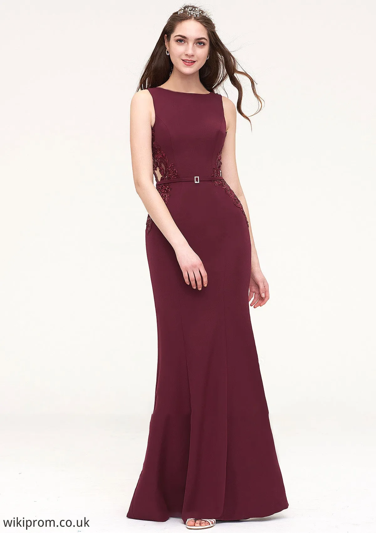 Bateau Sleeveless Sheath/Column Long/Floor-Length Elastic Satin Bridesmaid Dresses With Waistband Lace Sequins Kelsey SWKP0025443