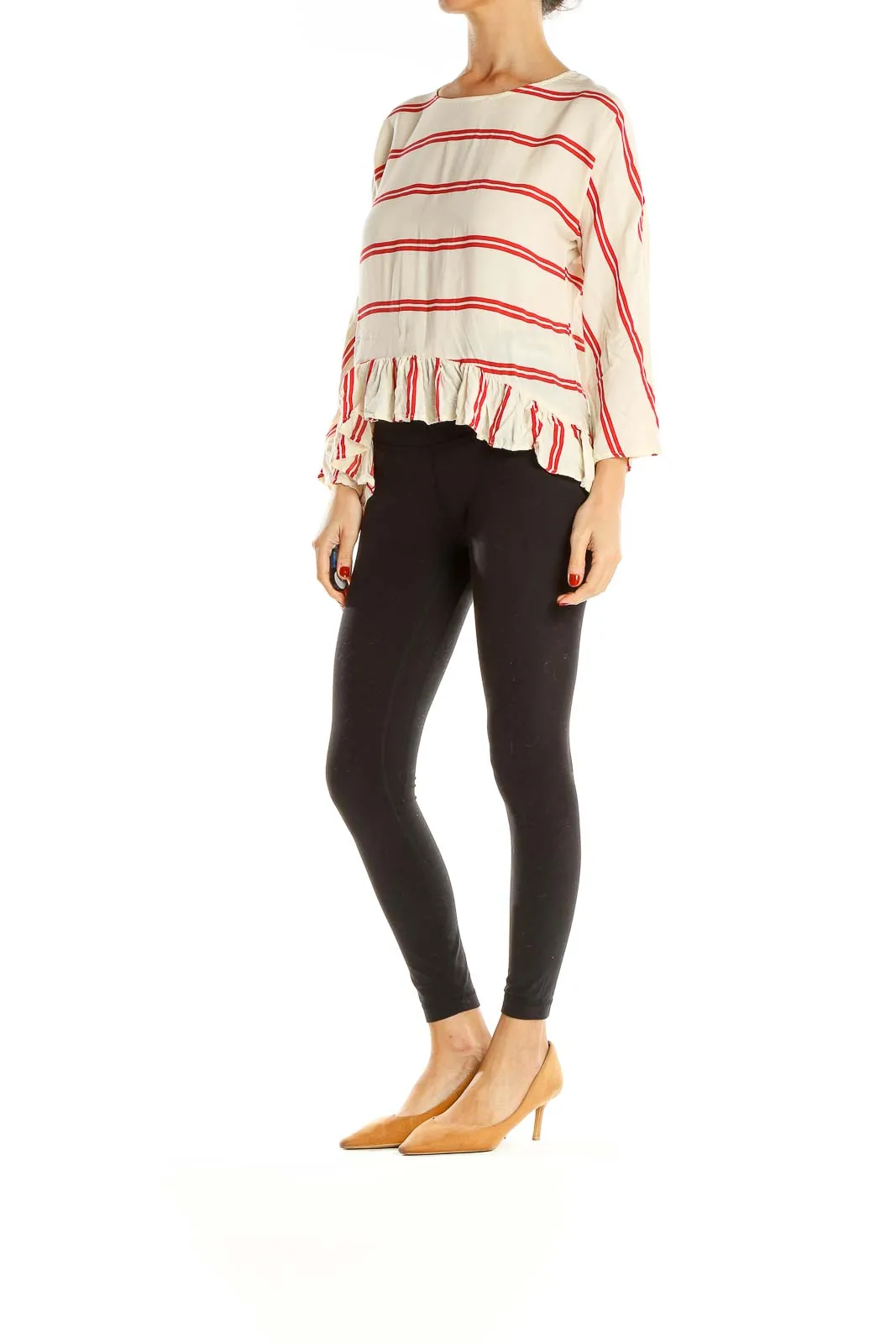 Beige Red Striped Brunch Blouse