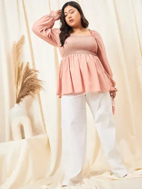 Berrylush Curve Women Solid Peach Square Neck Flutter Sleeves Ruffled Peplum Top