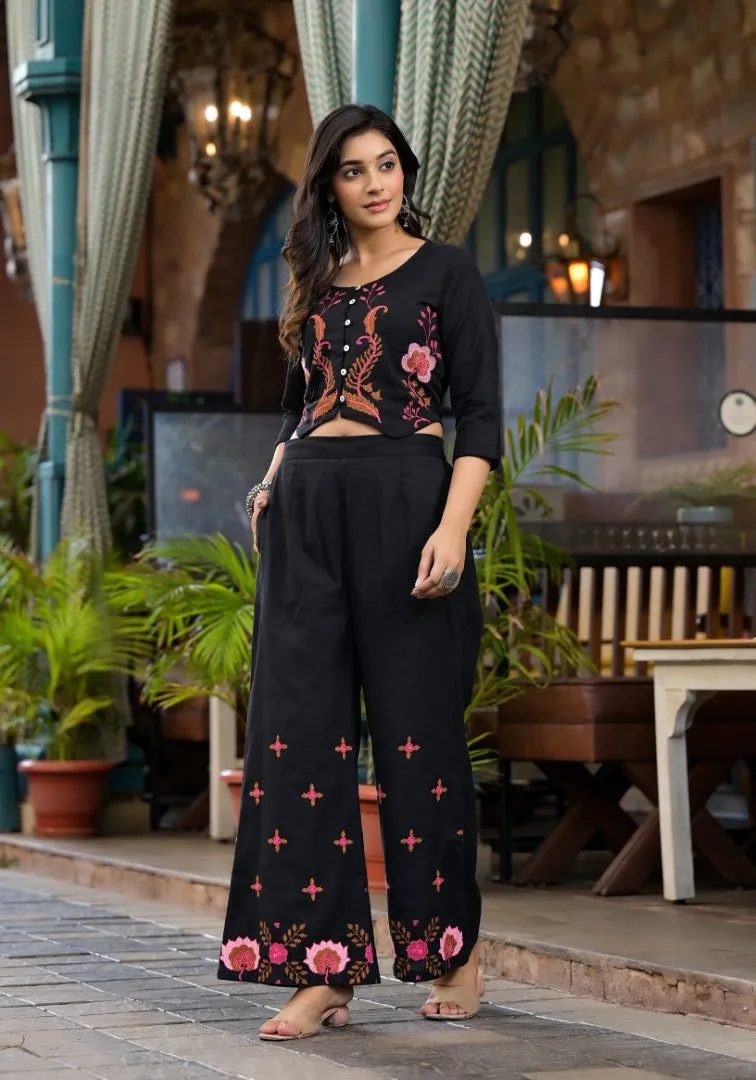 Black Thread Embroidered Cotton Top & Palazzo Set With Button Detail