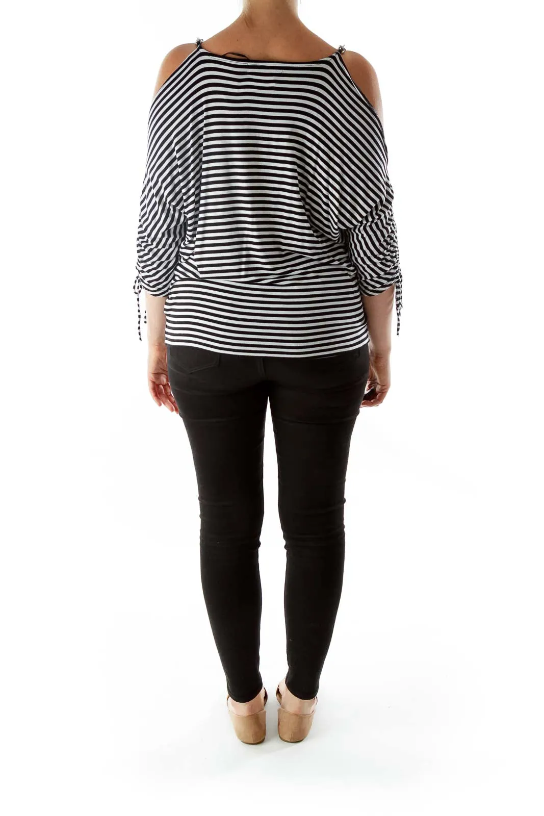 Black White Striped Drawstring Cut-Out Blouse with Metal Detail