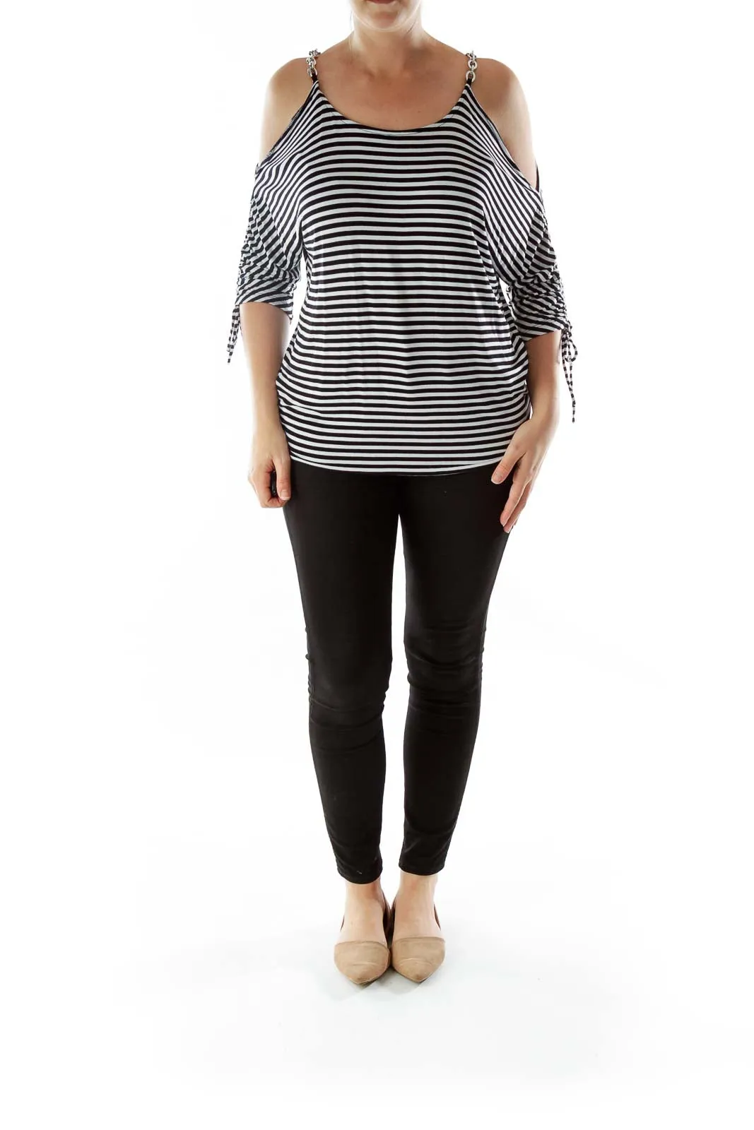 Black White Striped Drawstring Cut-Out Blouse with Metal Detail