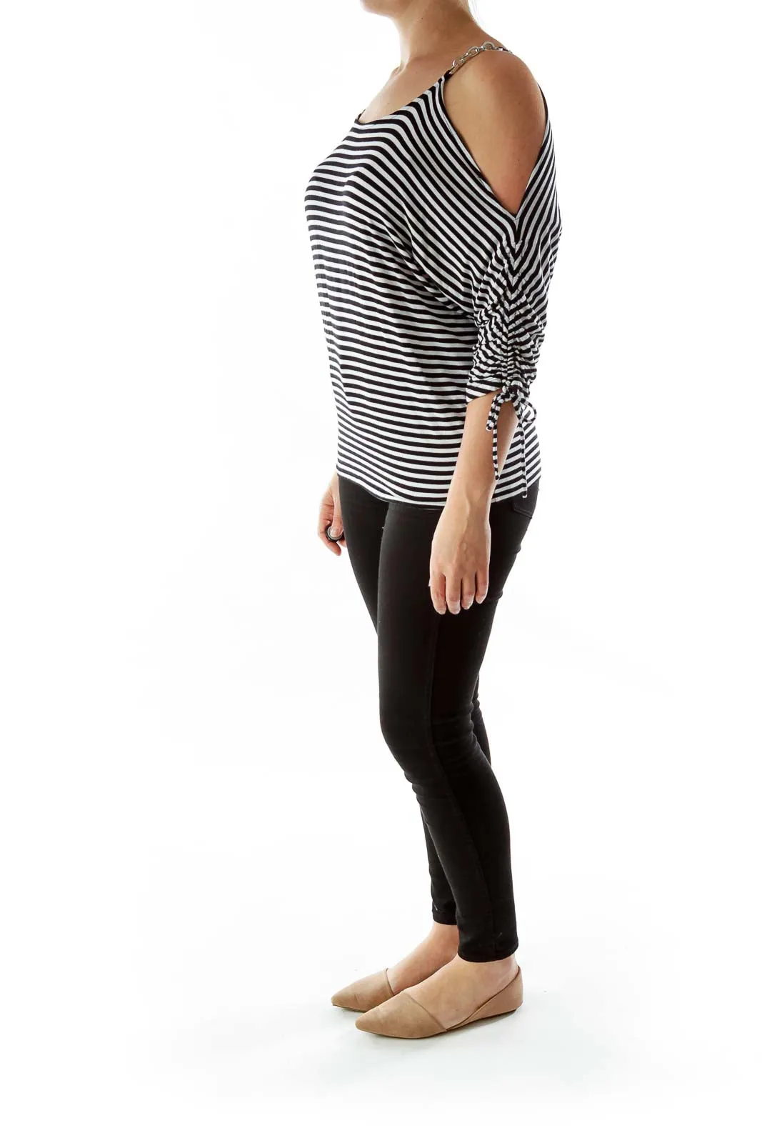 Black White Striped Drawstring Cut-Out Blouse with Metal Detail