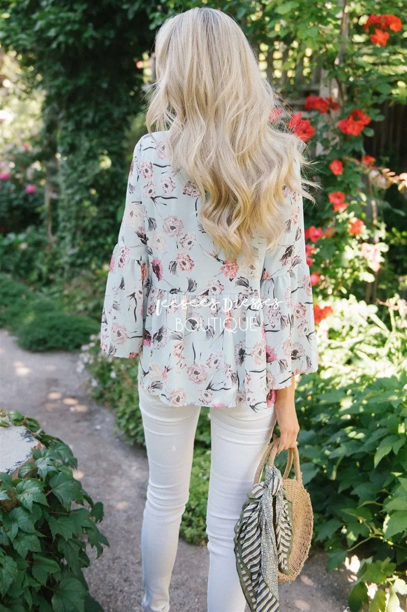 Chiffon Floral Peplum Bell Sleeve Top