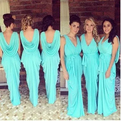 Chiffon Turquoise Unique V-Neck Blue Sheath Long Bridesmaid Dresses