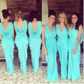 Chiffon Turquoise Unique V-Neck Blue Sheath Long Bridesmaid Dresses