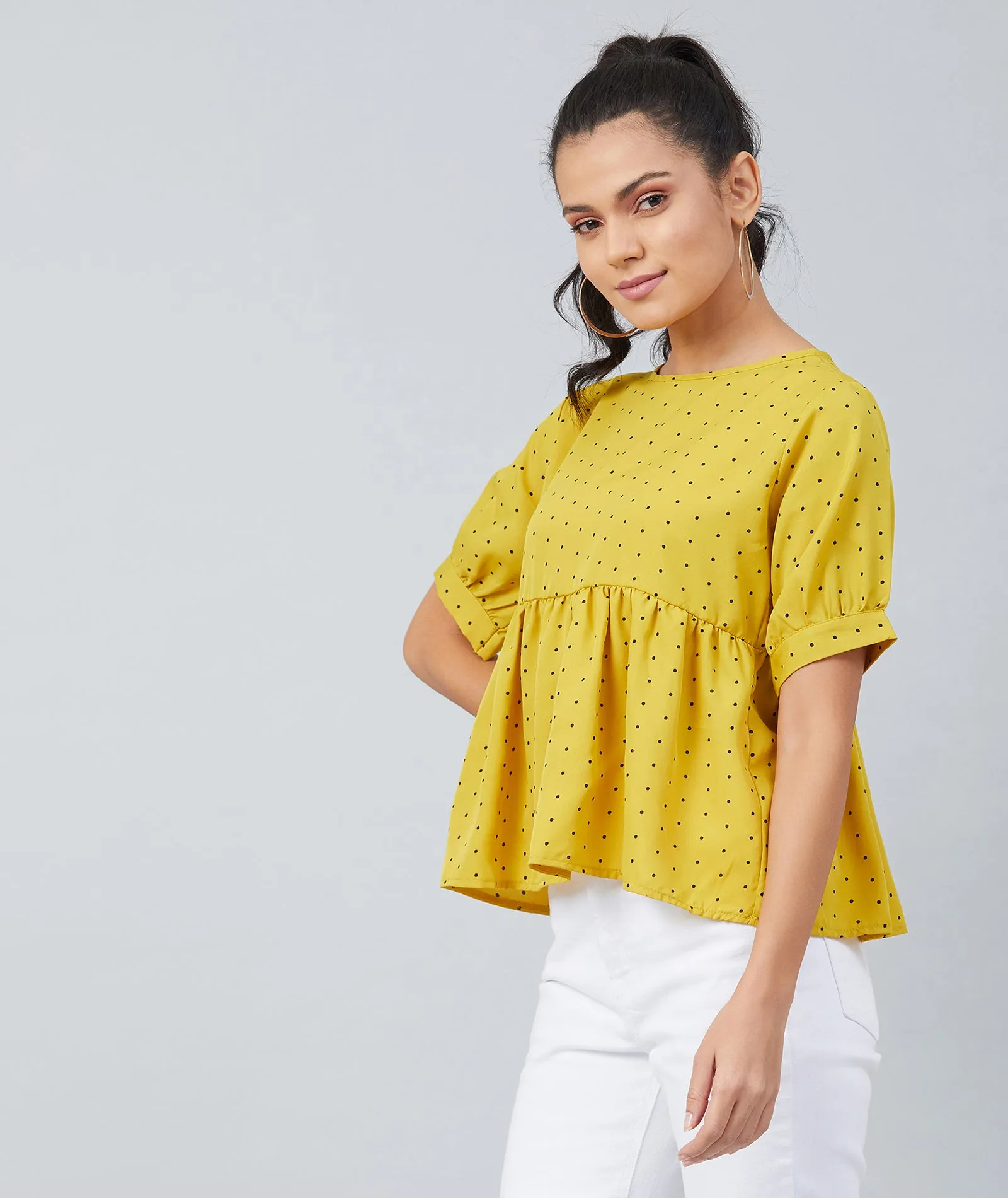 Chimpaaanzee women Mustard Crepe Polka Doted Half Sleeve  Style Top