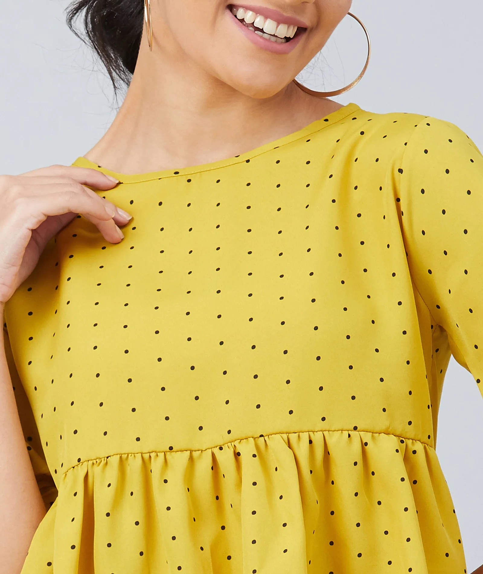 Chimpaaanzee women Mustard Crepe Polka Doted Half Sleeve  Style Top