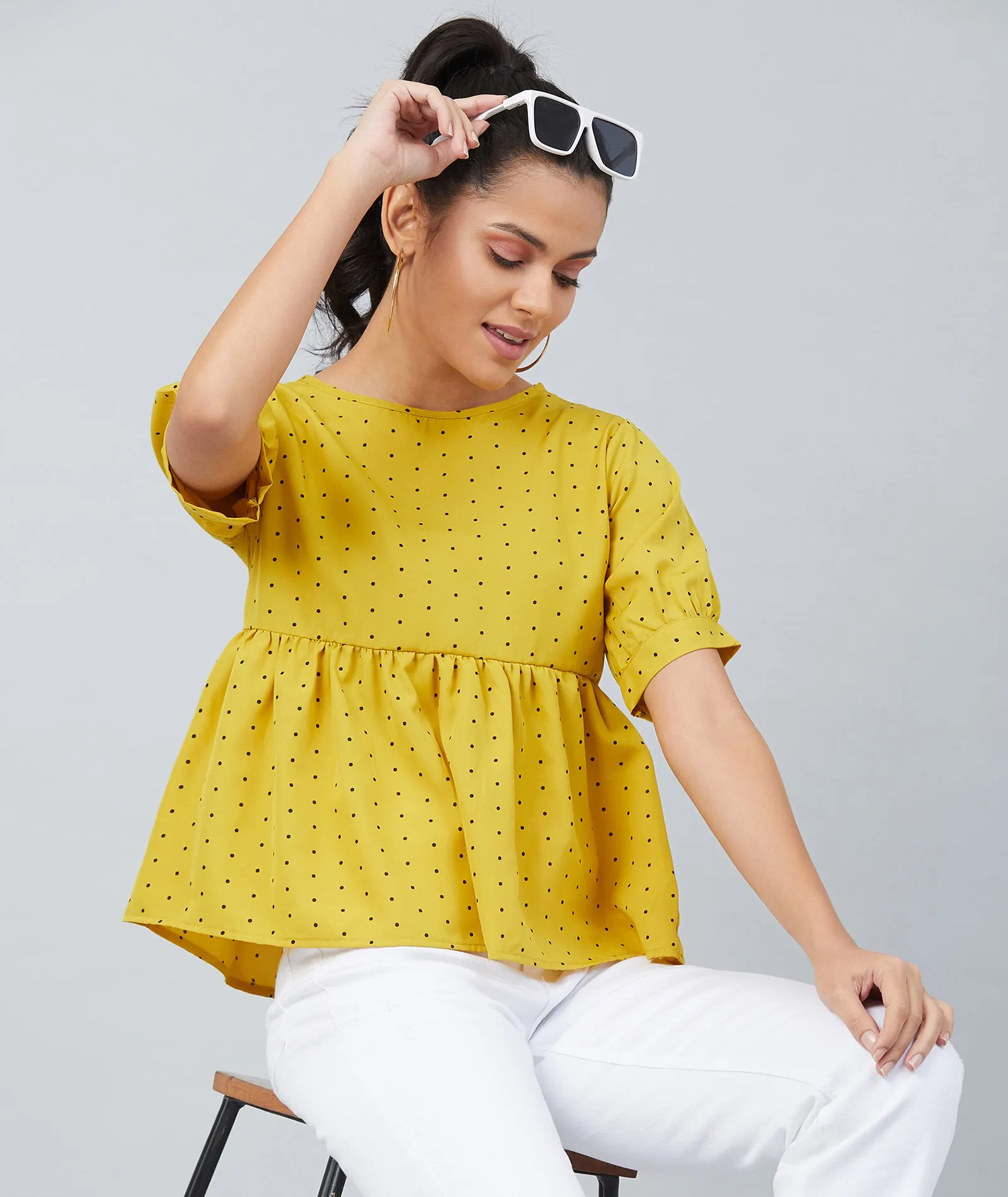 Chimpaaanzee women Mustard Crepe Polka Doted Half Sleeve  Style Top