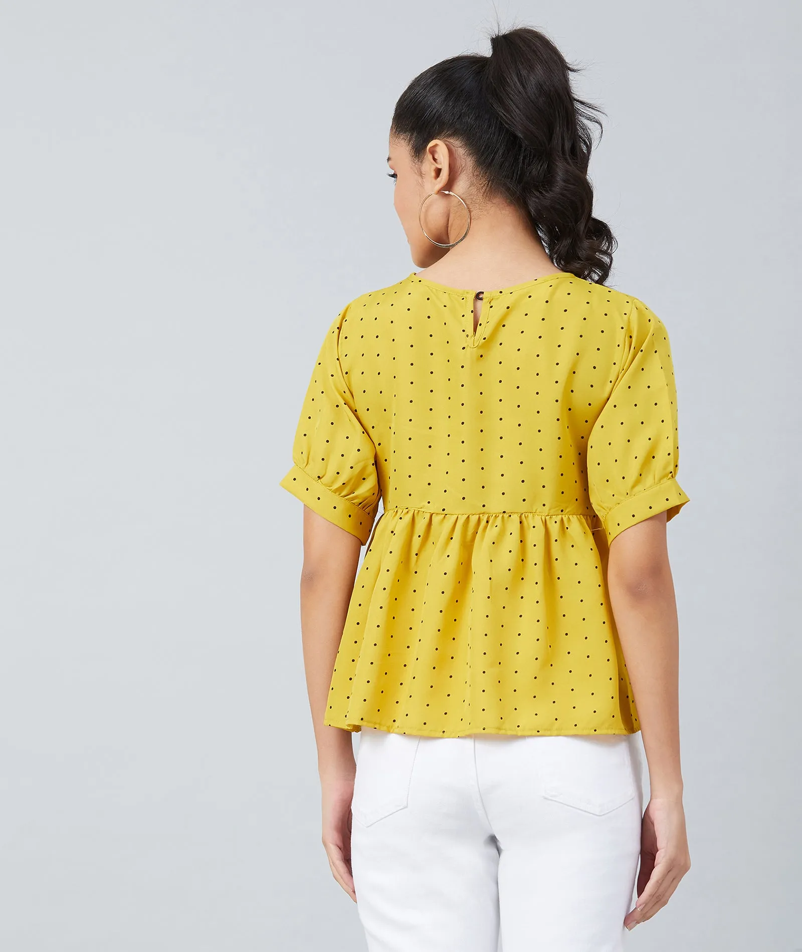 Chimpaaanzee women Mustard Crepe Polka Doted Half Sleeve  Style Top