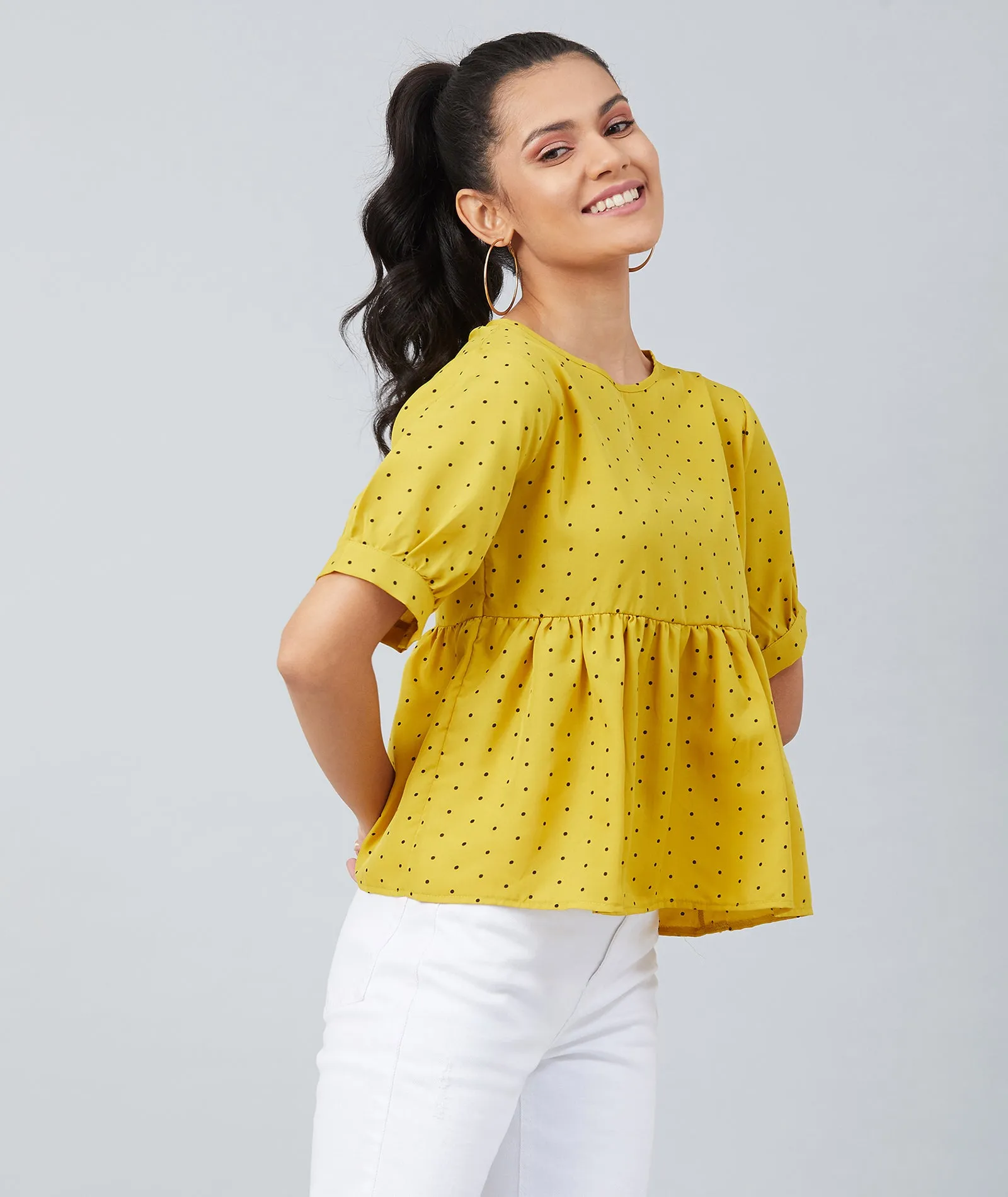 Chimpaaanzee women Mustard Crepe Polka Doted Half Sleeve  Style Top