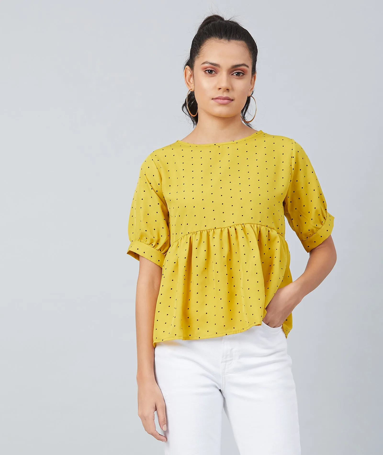 Chimpaaanzee women Mustard Crepe Polka Doted Half Sleeve  Style Top