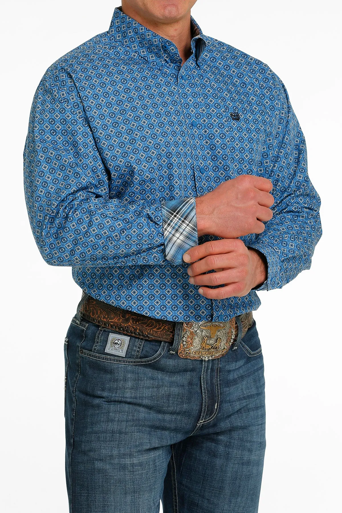 CINCH MEN'S LIGHT BLUE DIAMOND PRINT LONG SLEEVE SHIRT