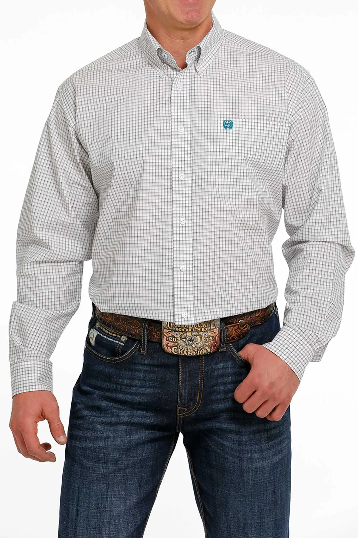 CINCH MEN'S PLAID BUTTON-DOWN WESTERN SHIRT - WHITE / TEAL / GRAY