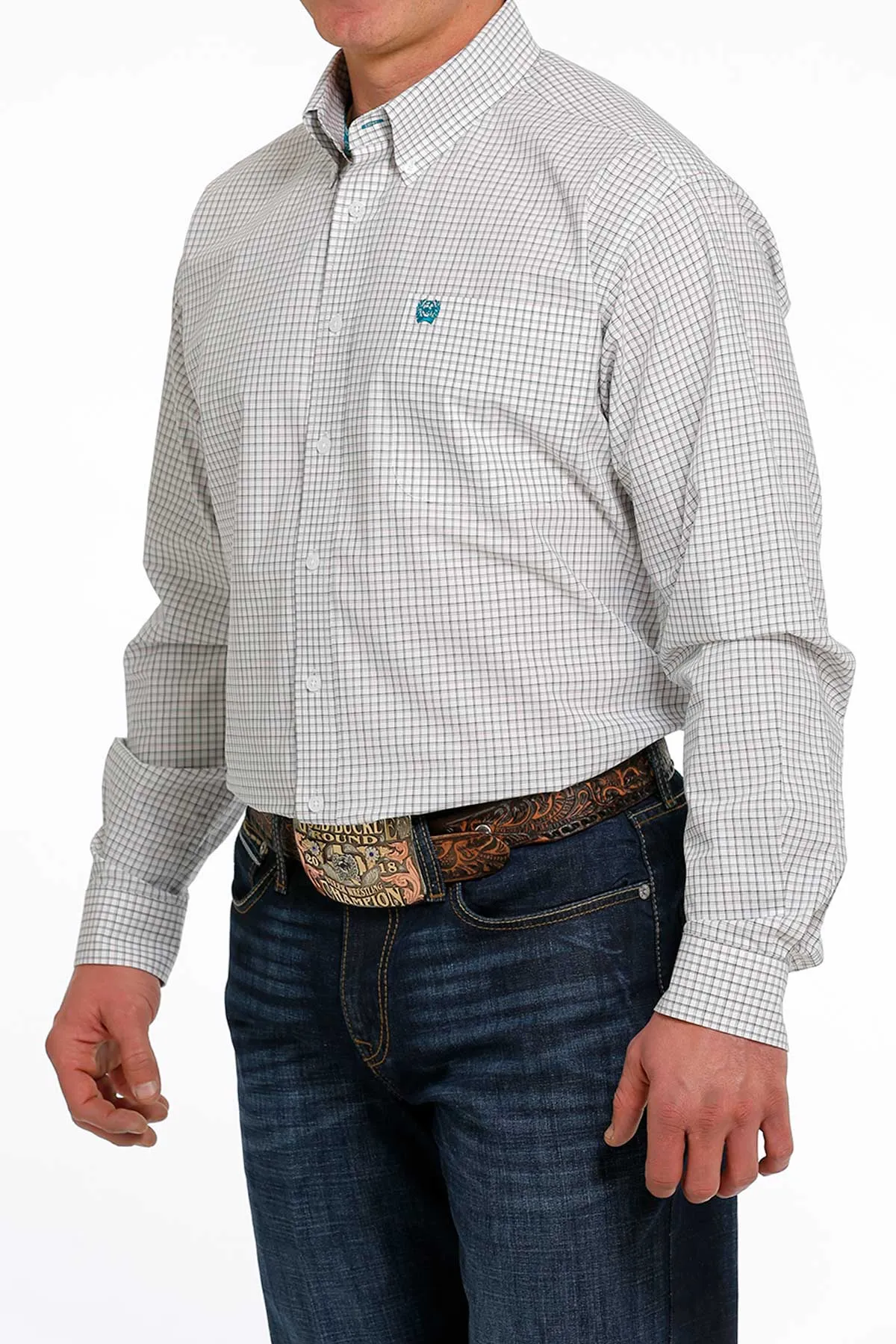 CINCH MEN'S PLAID BUTTON-DOWN WESTERN SHIRT - WHITE / TEAL / GRAY