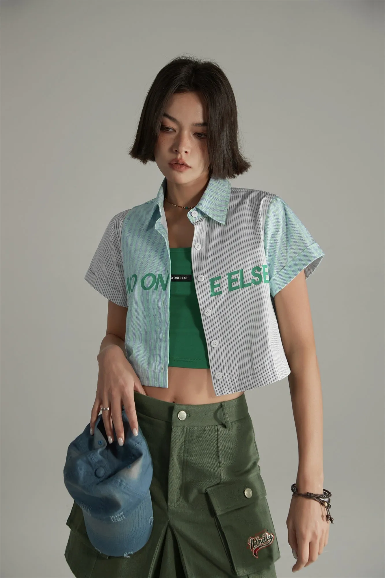 Contrast Cropped Noe Crop Button Up Shirt