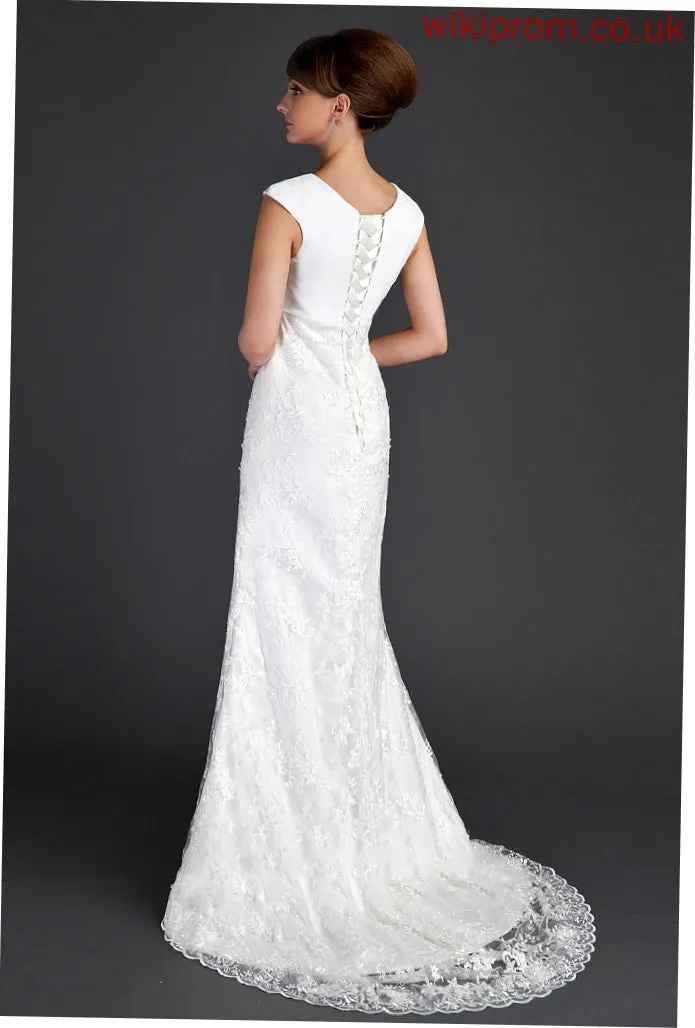 Court Dress Paula Ruffle Lace Wedding Beading Neck Sheath/Column Train Scoop Wedding Dresses With