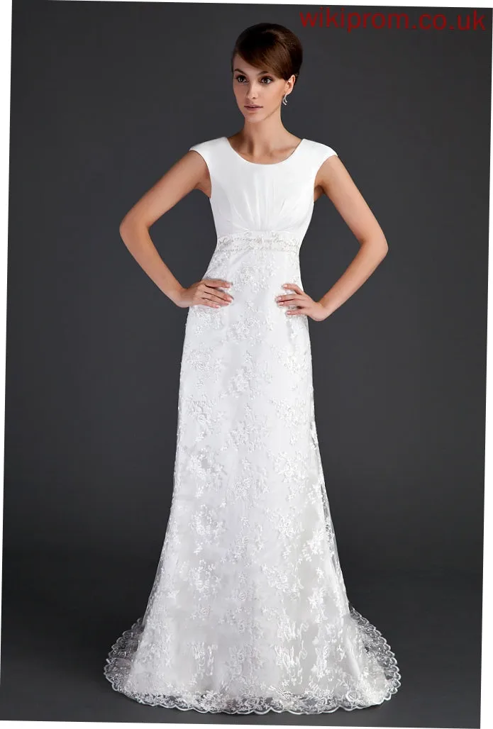 Court Dress Paula Ruffle Lace Wedding Beading Neck Sheath/Column Train Scoop Wedding Dresses With