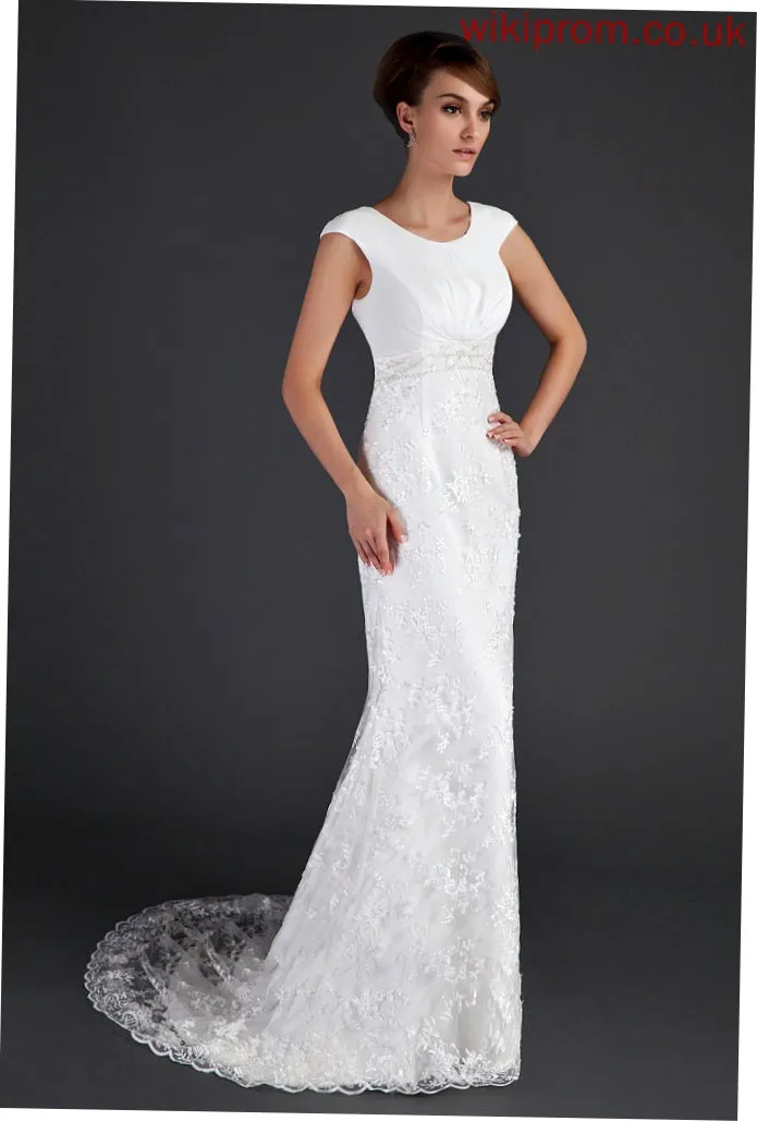 Court Dress Paula Ruffle Lace Wedding Beading Neck Sheath/Column Train Scoop Wedding Dresses With