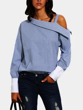 Custom Asymmetrical One Shoulder Stripe Long Sleeve Blouses