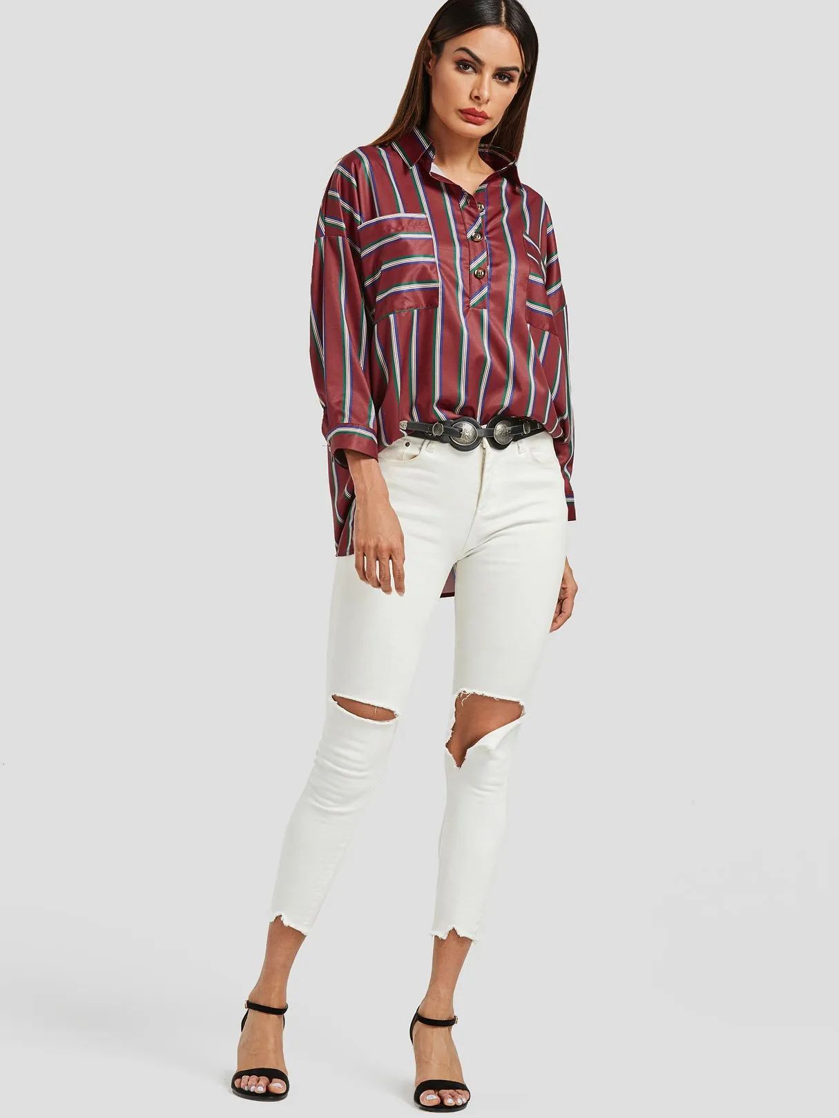 Custom Classic Collar Stripe Long Sleeve Burgundy Blouses