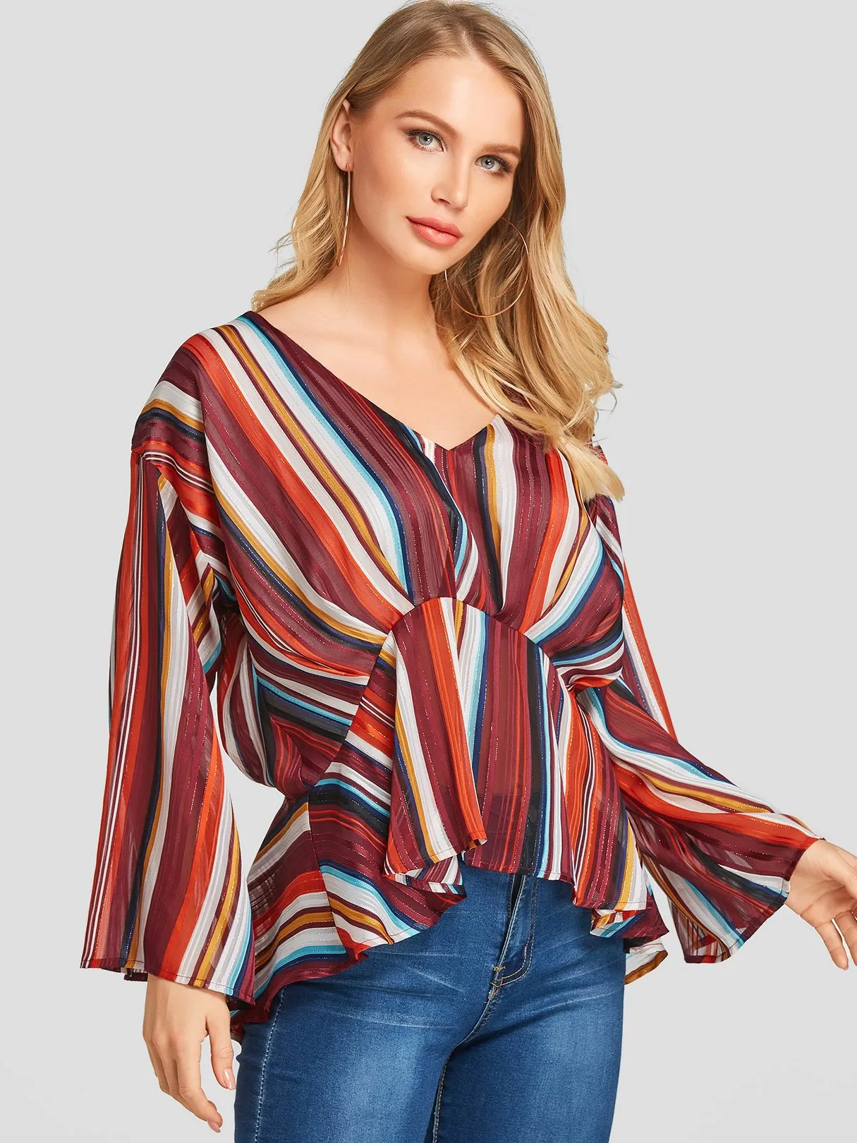 Custom Deep V Neck Stripe Long Sleeve Irregular Stitching Hem Blouses