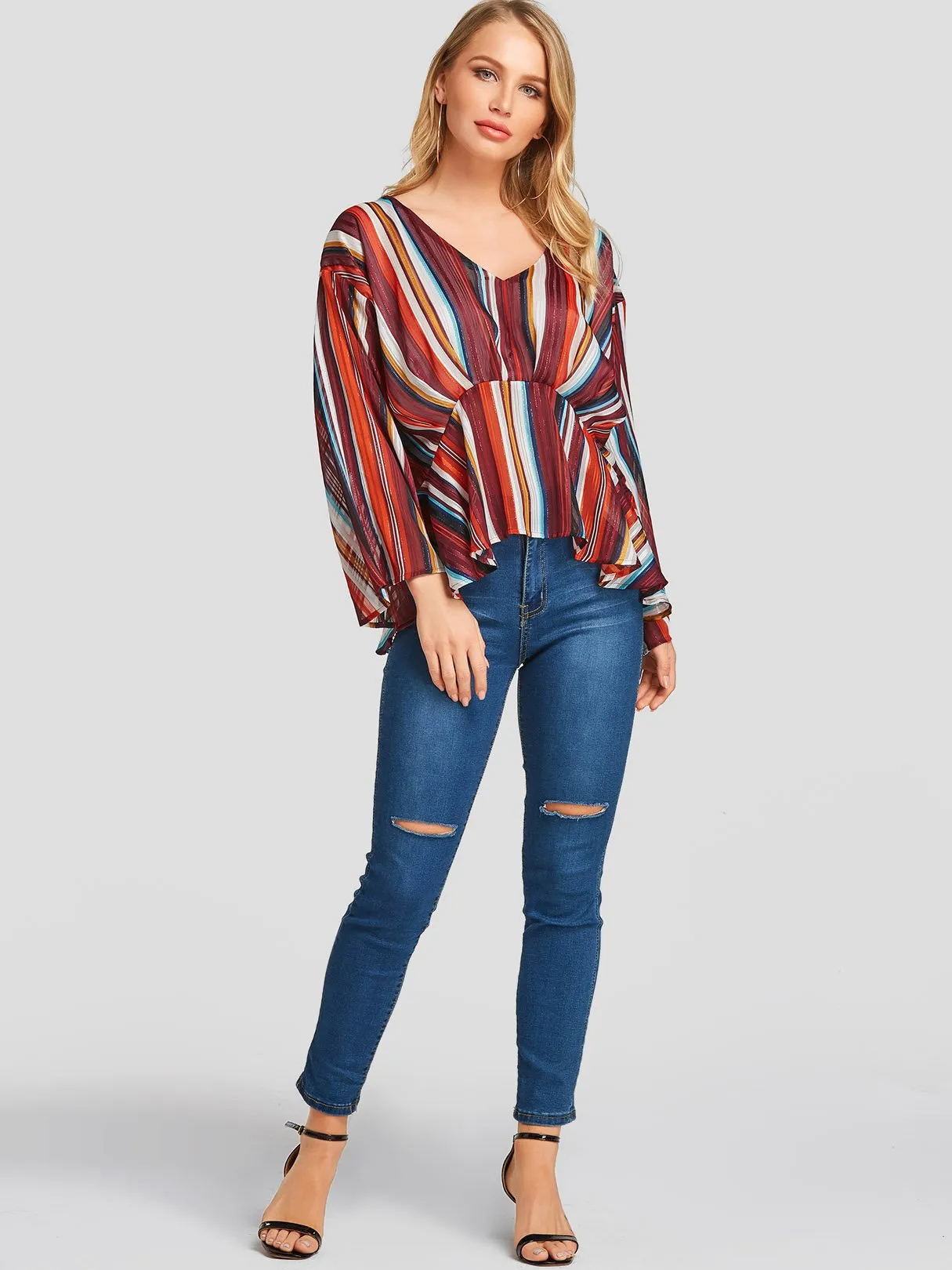 Custom Deep V Neck Stripe Long Sleeve Irregular Stitching Hem Blouses