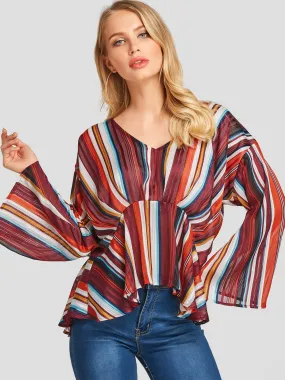 Custom Deep V Neck Stripe Long Sleeve Irregular Stitching Hem Blouses