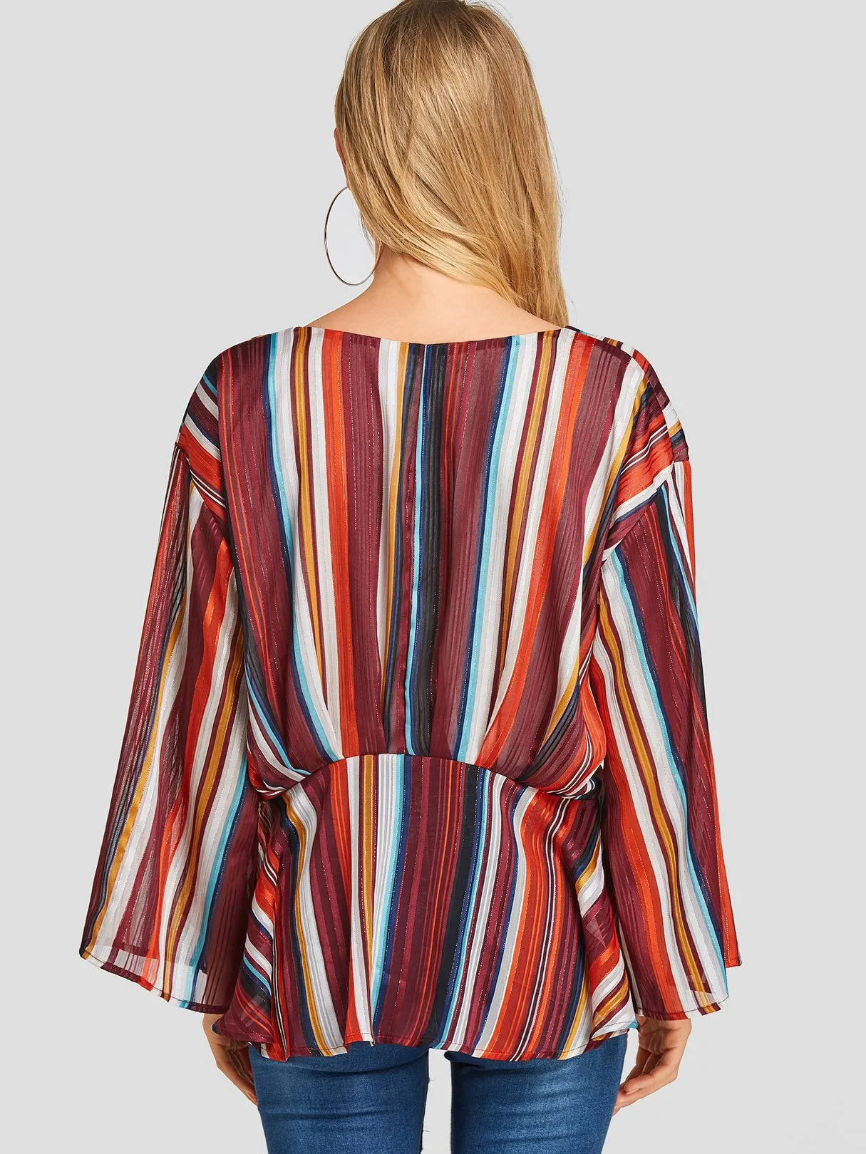 Custom Deep V Neck Stripe Long Sleeve Irregular Stitching Hem Blouses