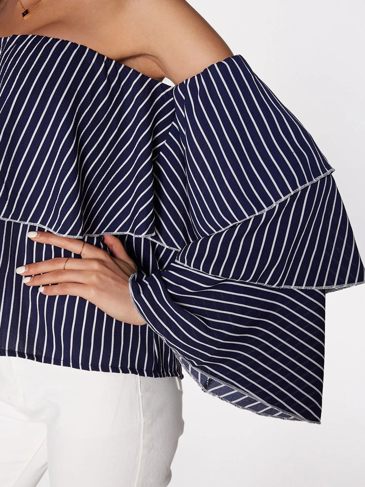 Custom Off The Shoulder Stripe Long Sleeve Blouses