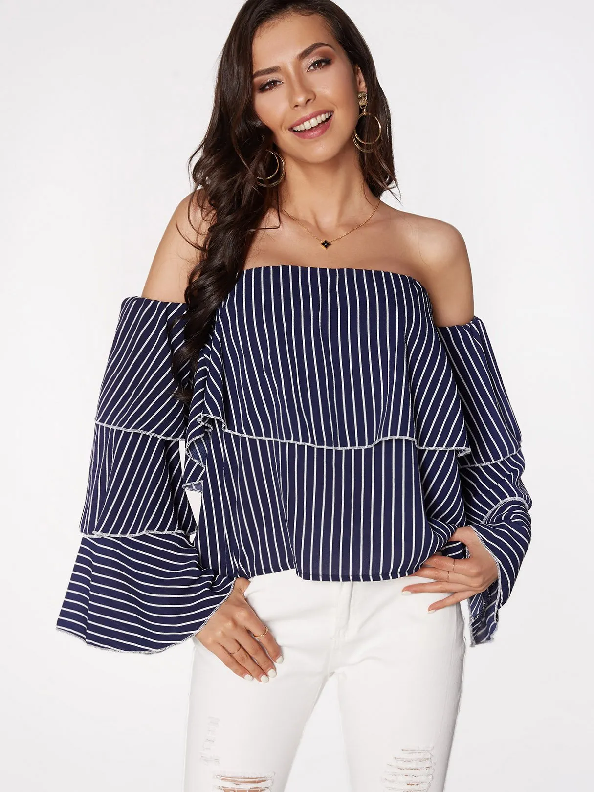 Custom Off The Shoulder Stripe Long Sleeve Blouses