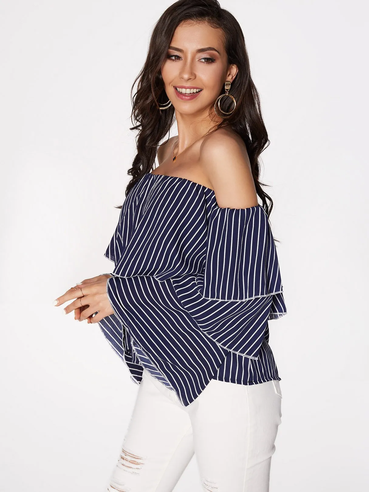 Custom Off The Shoulder Stripe Long Sleeve Blouses