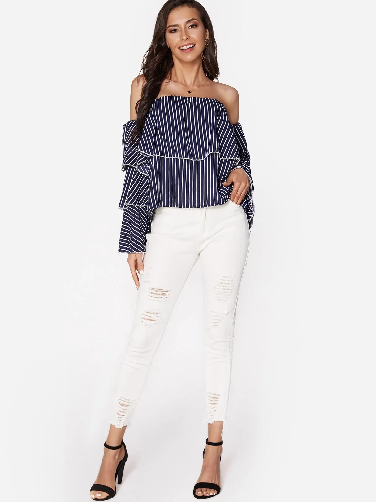 Custom Off The Shoulder Stripe Long Sleeve Blouses