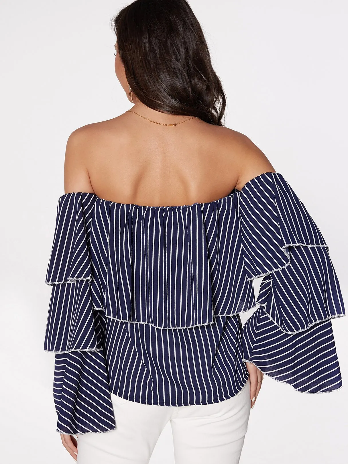 Custom Off The Shoulder Stripe Long Sleeve Blouses