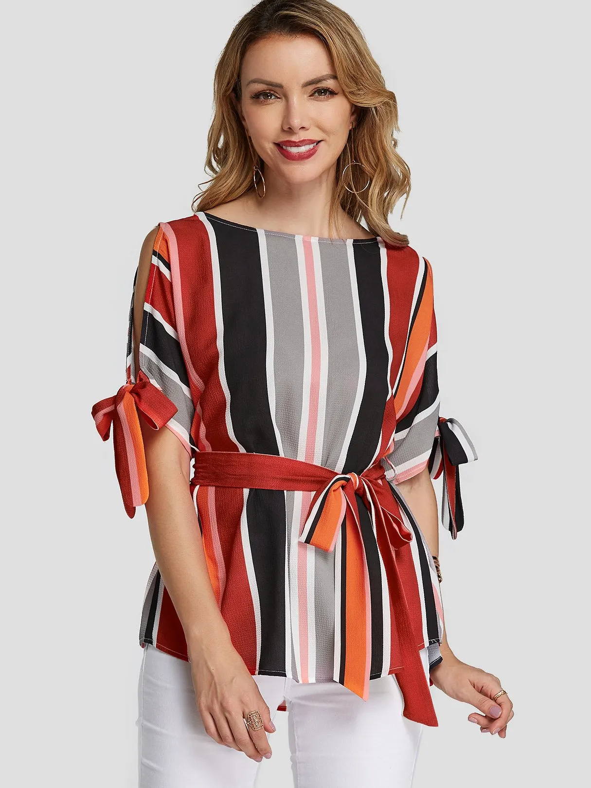 Custom Stripe Cut Out Self-Tie Half Sleeve Blouses