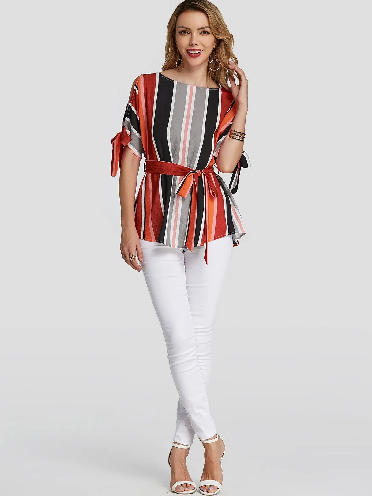 Custom Stripe Cut Out Self-Tie Half Sleeve Blouses