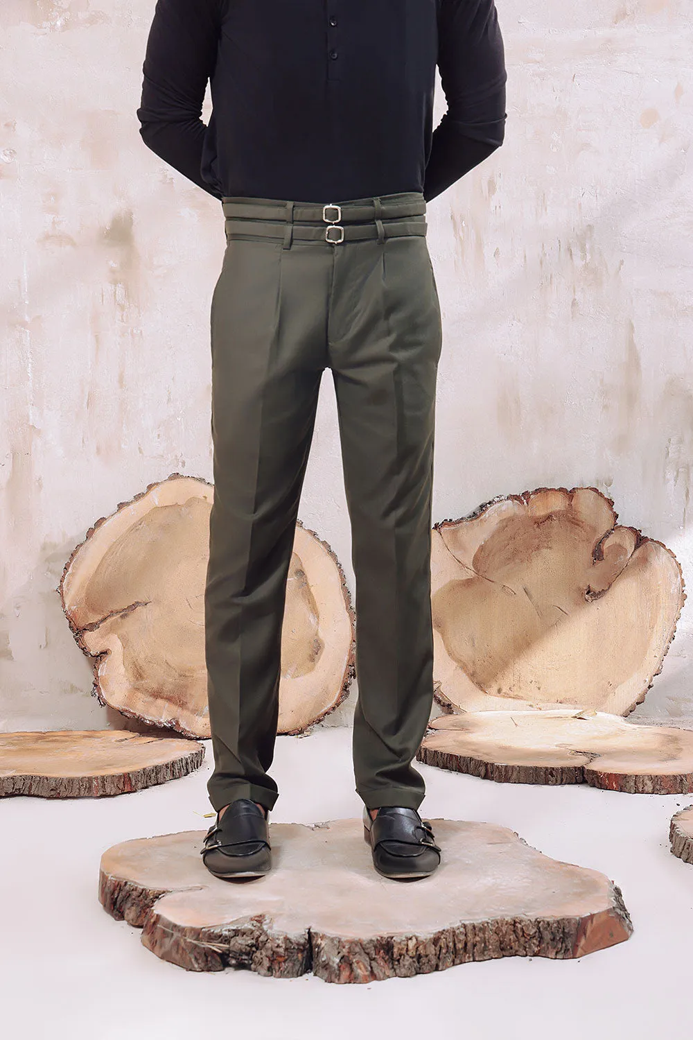 Dark Green Double Belted Pleated Trousers