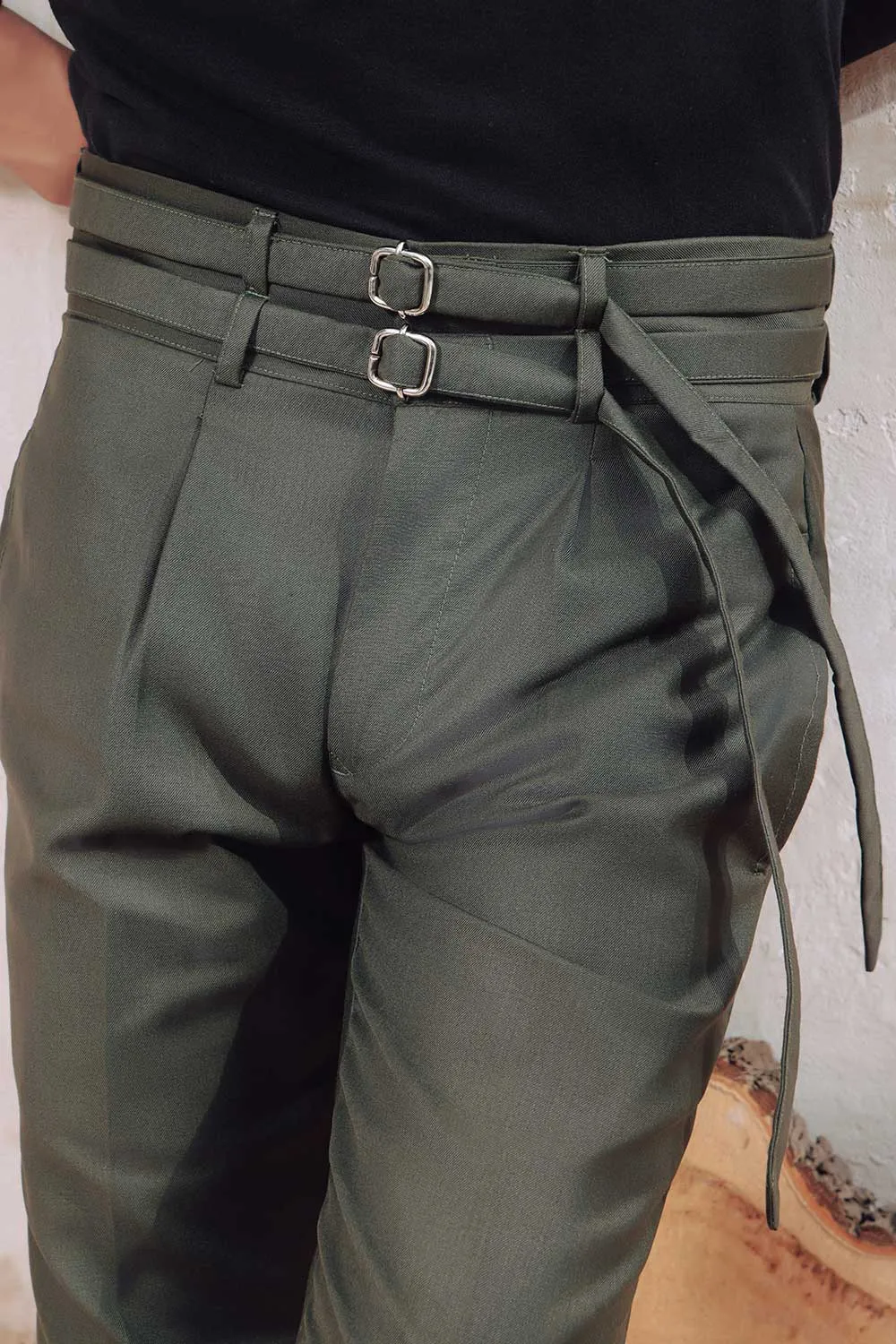 Dark Green Double Belted Pleated Trousers