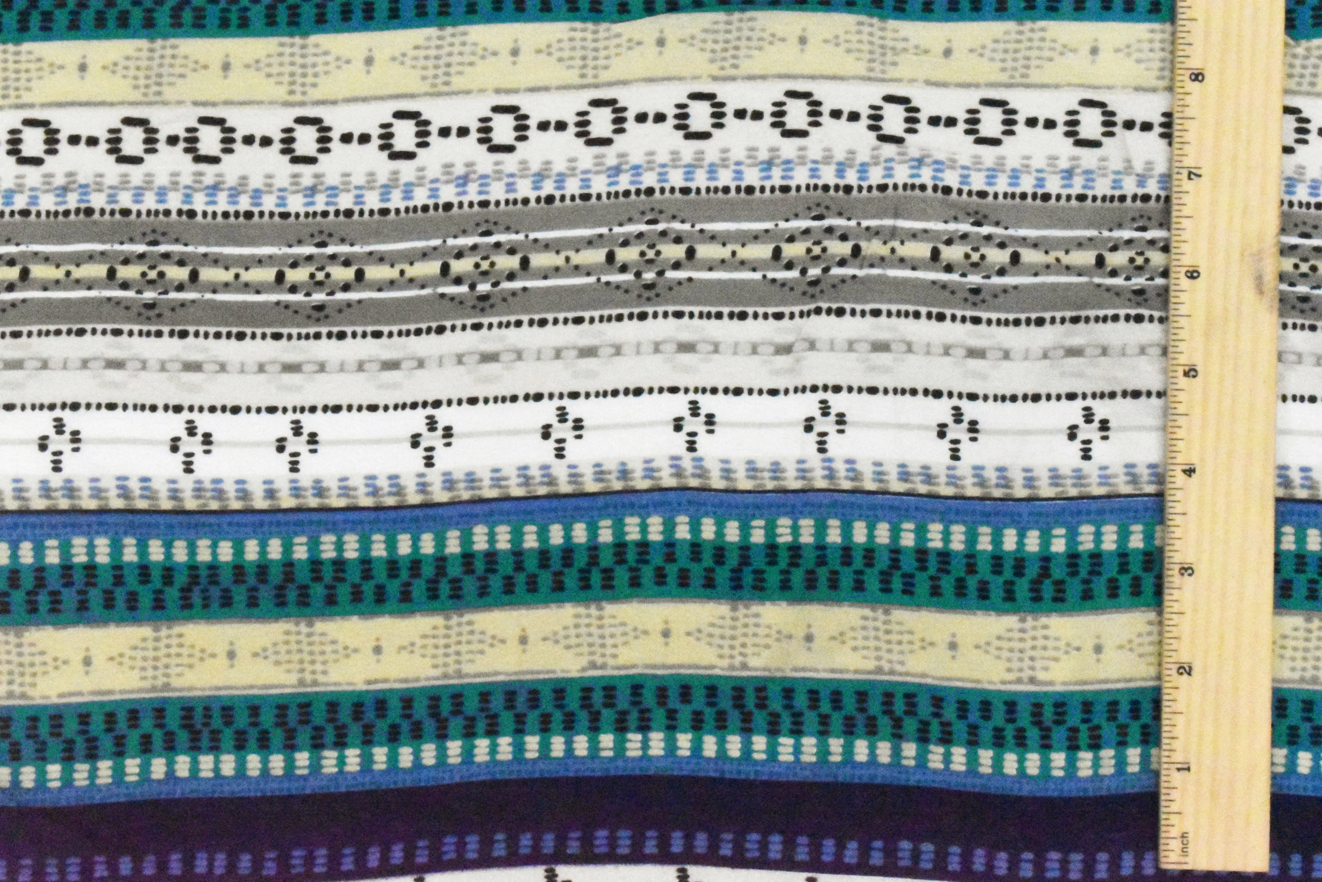 Deep Turquoise-Gray-Multi Tribal Stripe Printed Gauze Fabric